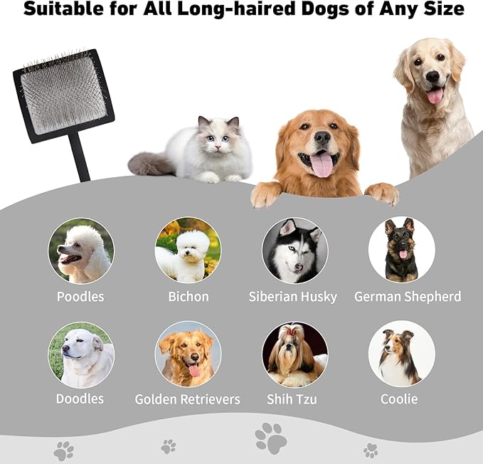 Dog Slicker Brush for Shedding and Grooming Medium or Long Haired Cats, Extra Long & Soft Pin Slicker Brush for Removes Loose Hair, Tangles, Knots, Undercoat, Free Pet Comb, Large Black