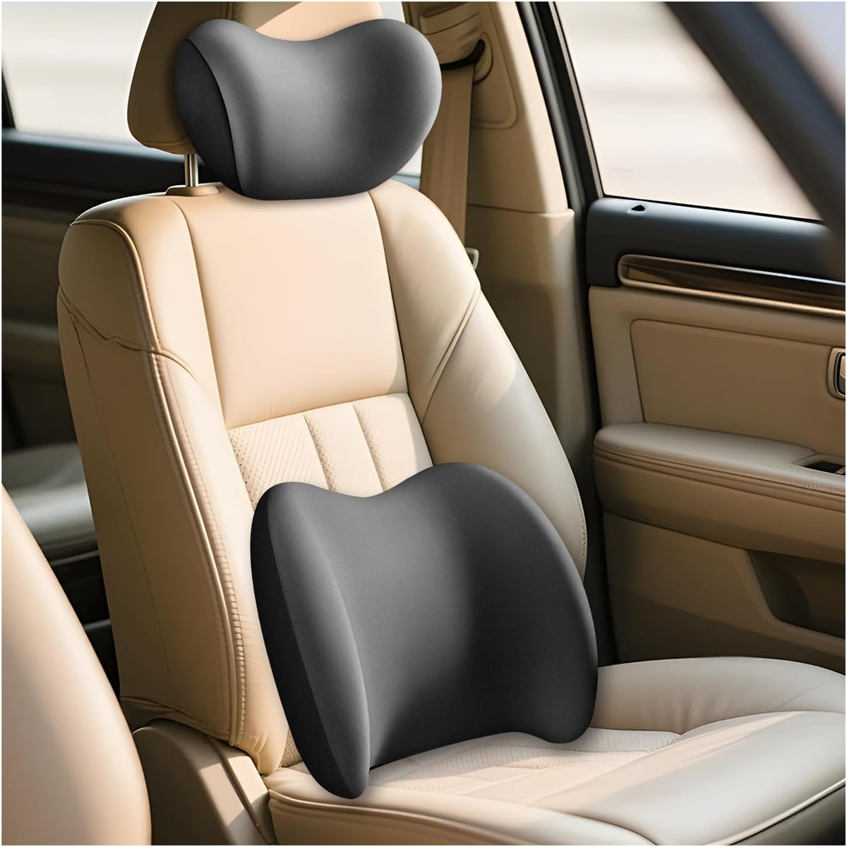 2 PCS Car Headrest & Lumbar Support Cushion, Breathable Memory Foam Auto Neck Lumbar Support Pillow w/Adjusatble Strap, Ergonomic Vehicle Seat Headrest Neck Rest Cushion (Black)