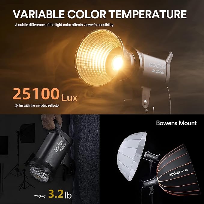 Godox SL60IIBi Bi-Color LED Video Light, 75W 25100Lux@1M CRI 96+ 11 FX Effects