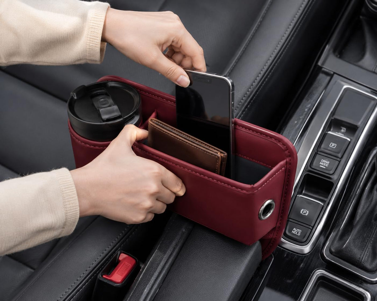 Car Seat Gap Filler Organizer with Cup Holder, Premium Leather Seat Gap Filler, Anti-Drop Car Seat Gap Organizer for Phone, Keys & Wallet, Universal Front Seat Console Organizer for Car, SUV & Truck