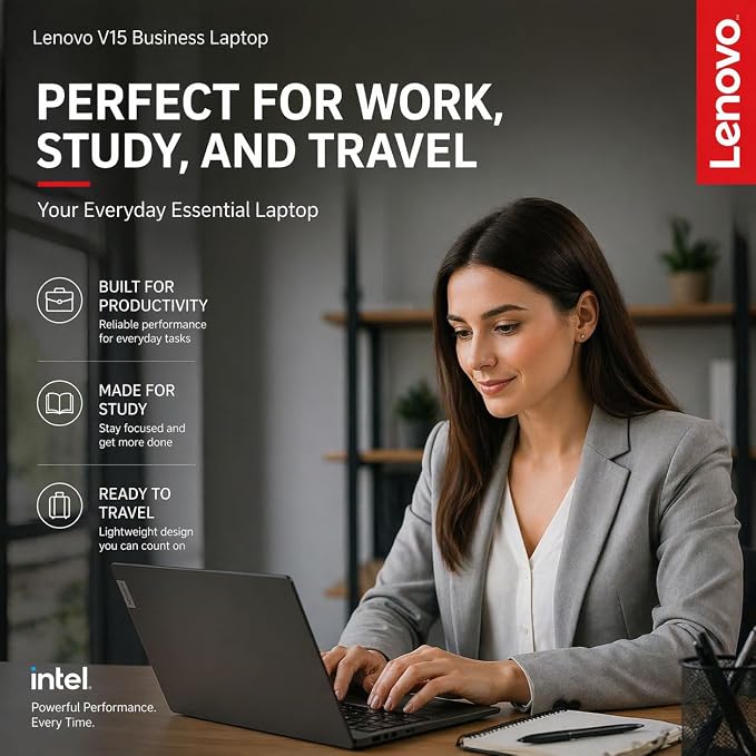 Lenovo V15 Business Laptop, Intel N150 Quad-Core Processor, 15.6" FHD Display, 16GB DDR5 RAM, 256GB NVMe SSD, Wi-Fi 6, Ethernet RJ-45, Dolby Audio, Windows 11 Pro, Business Black