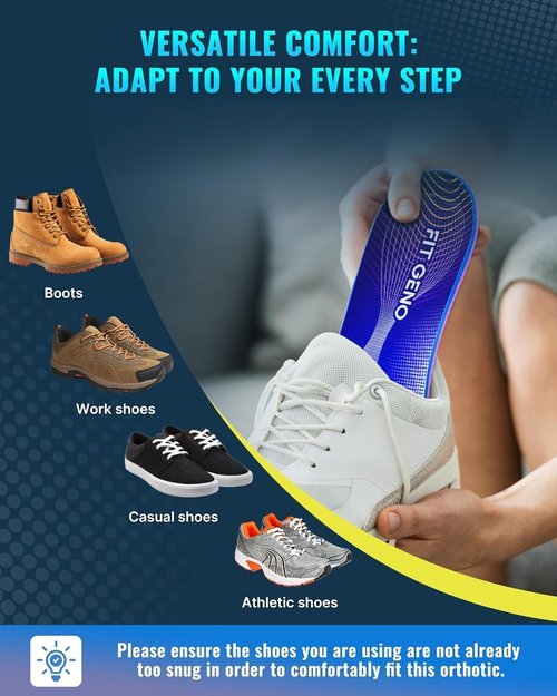 Fit Geno Arch Support Insoles - Heavy Duty Orthotic Inserts for Plantar Fasciitis Relief | For Work Boots & Sneakers (Women's 8-9 / Men's 6-7)