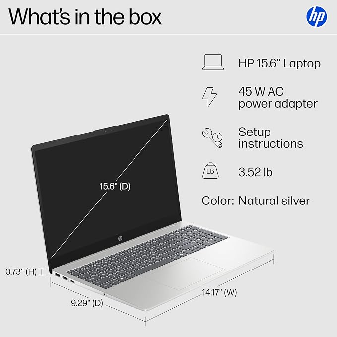 HP 15.6 inch Laptop, FHD Display, AMD Ryzen 7 5825U, 8 GB RAM, 512 GB SSD, AMD Radeon Graphics, Windows 11 Home, Natural Silver, 15-fc0502nr