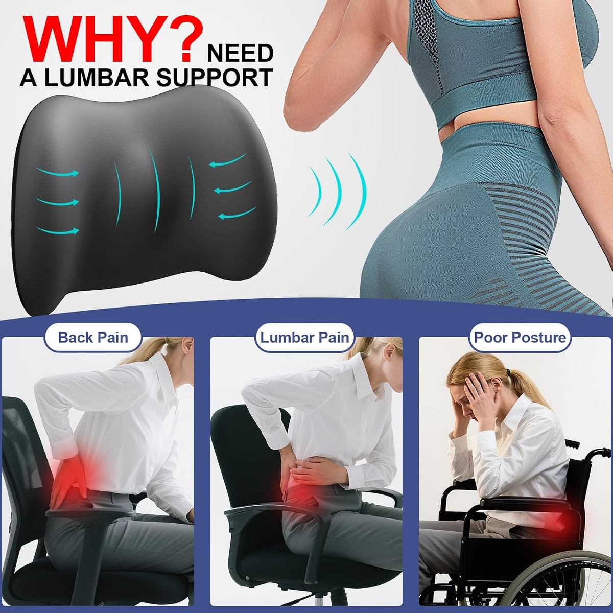 BYMECOST Cooling Lumbar Support Pillow for Car,Memory Foam Car Back Cushion