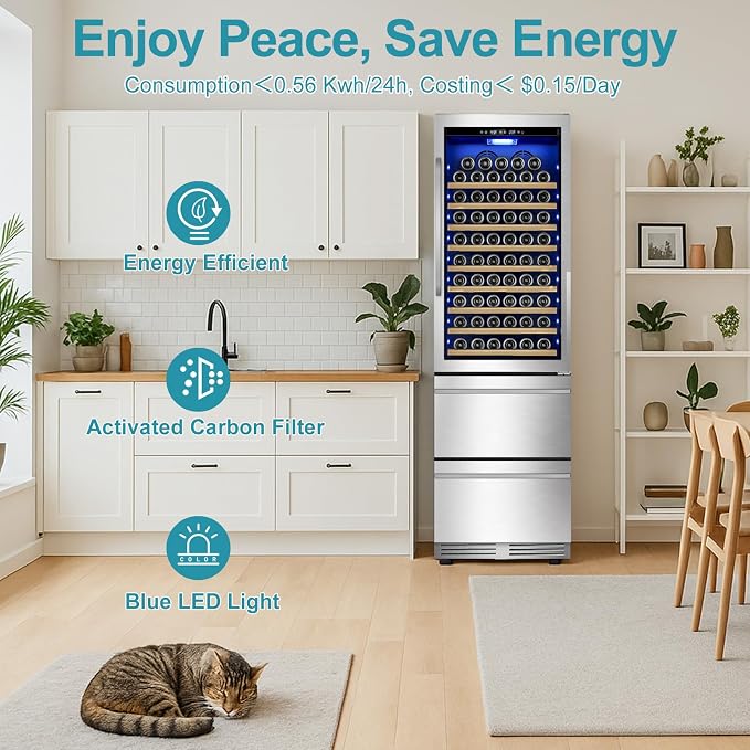 Wine and Beverage Refrigerator, 24'' Dual Zone Wine Fridge with Dual Drawers, Holds 160 Cans and 120 Bottles, Reversible Door, Built-In or Freestanding, Beverage Fridge for Home or Commercial