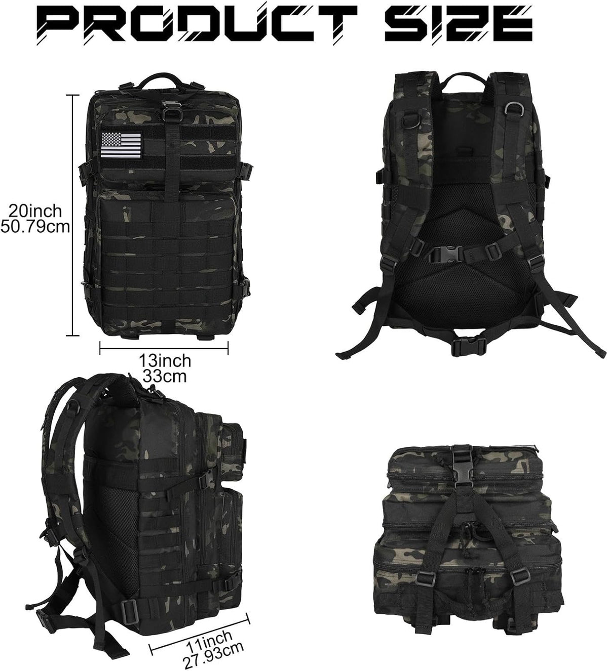 WOLT Military Tactical Backpack - 45L Molle Assault Pack | Heavy-Duty Rucksack for Hiking & Gym, Camouflage Black