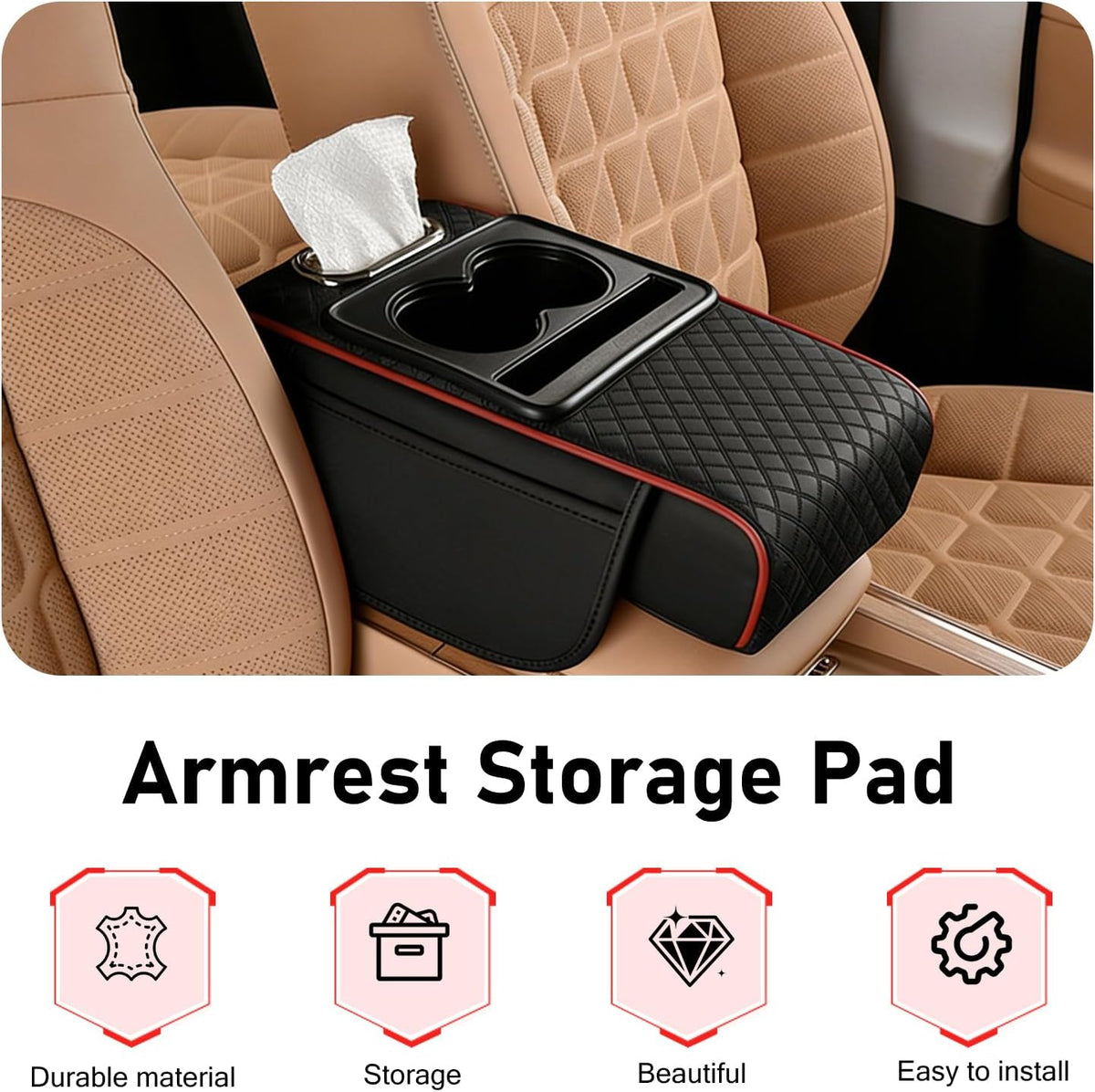 Car Armrest Cushion, 5-in-1 Car Center Console Cover with 2 Storage Bags, Leather Cars Armrest Cover with Cup Holder, Tissue Box,Thick Memory Foam Arm Rest Storage Box,Universal for Most Auto