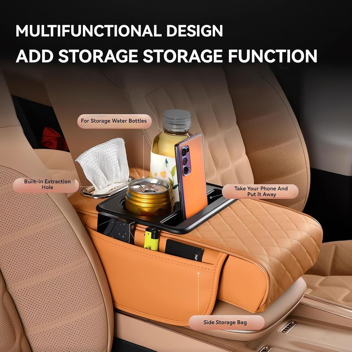 Multifunctional PU Leather Car Armrest Box Mat, 5-in-1 Multifunctional Car Armrest Cushion, Center Console Cover with 2 Cup Holder, For Storing Tissues,Phones,Wallets,Drinks,for Most Cars (Red)