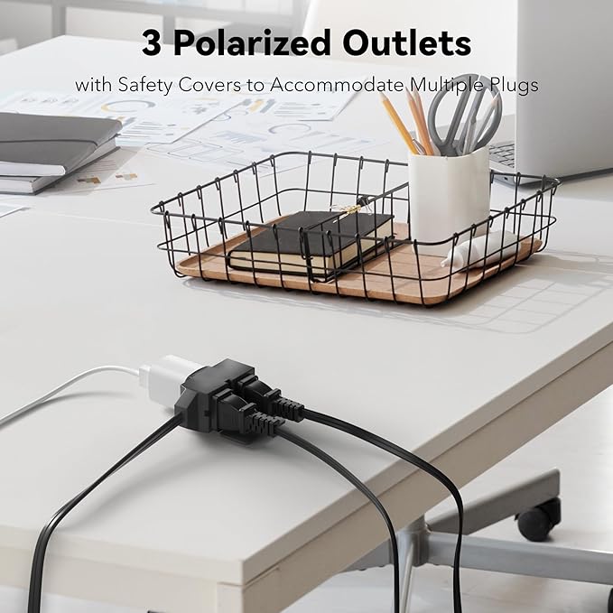BN-LINK 9ft Indoor Extension Cord, 2 Pack, 3-Outlet Polarized Flat Cable, Household Power Cord for Home, Office, and Holiday Decorations, Black