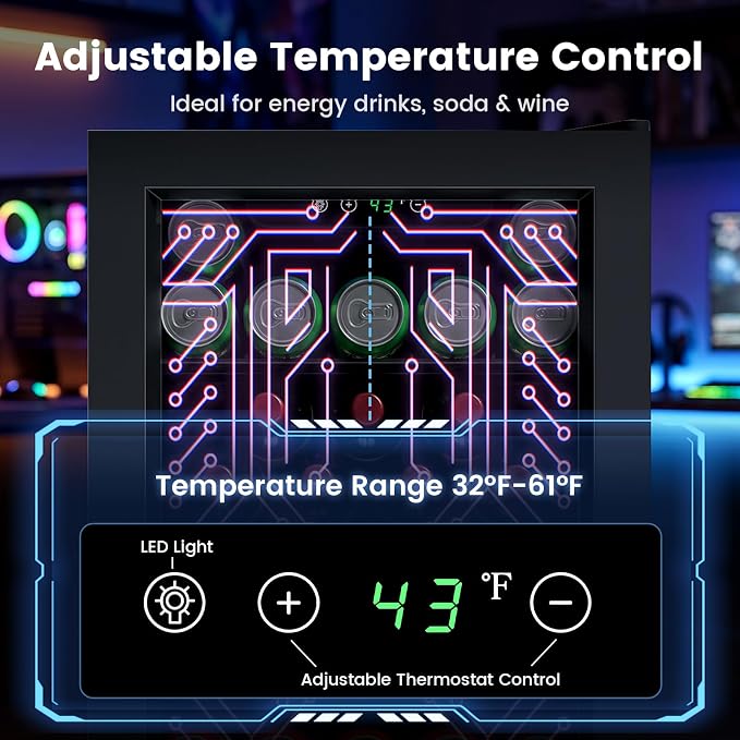 Electactic 3.2 Cu.Ft Gaming Beverage Refrigerator, LED Lighted Glass Door Compact Space-Saving, Adjustable Temperature Wine Cooler for Gaming Room