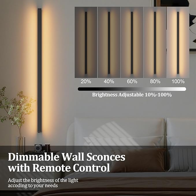 Aipsun Black Battery Operated Wall Sconce,9000mAh Rechargeable Wall Sconces Set of Two 3000K-6000K LED Wireless Wall Light for Bedroom, Hallway Living Room,39.4 Inch(2 Packs)