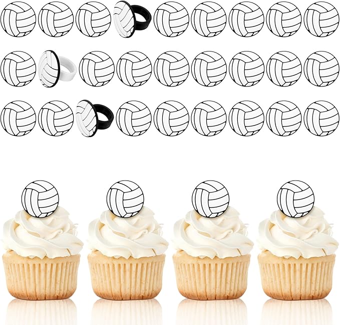 Honeydak 48 Pcs Black Volleyball Cupcake Rings Toppers Decoration Sport Ball Theme Cupcake Picks Cake Decoration for Sport Baby Shower Birthday Party Cake Supplies