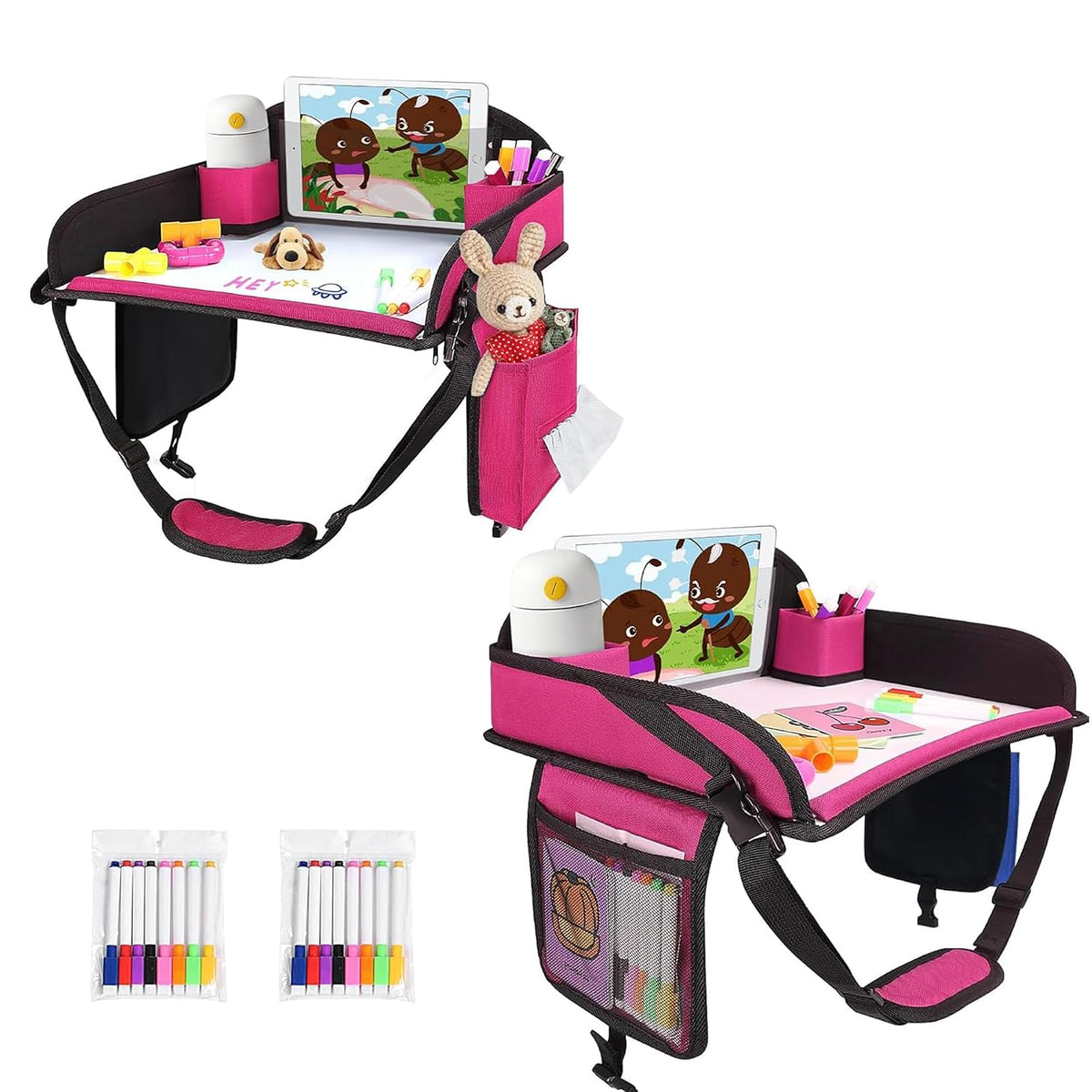 Kids Travel Tray for Car Seat, Road Trip Activities, Pink 2PCS