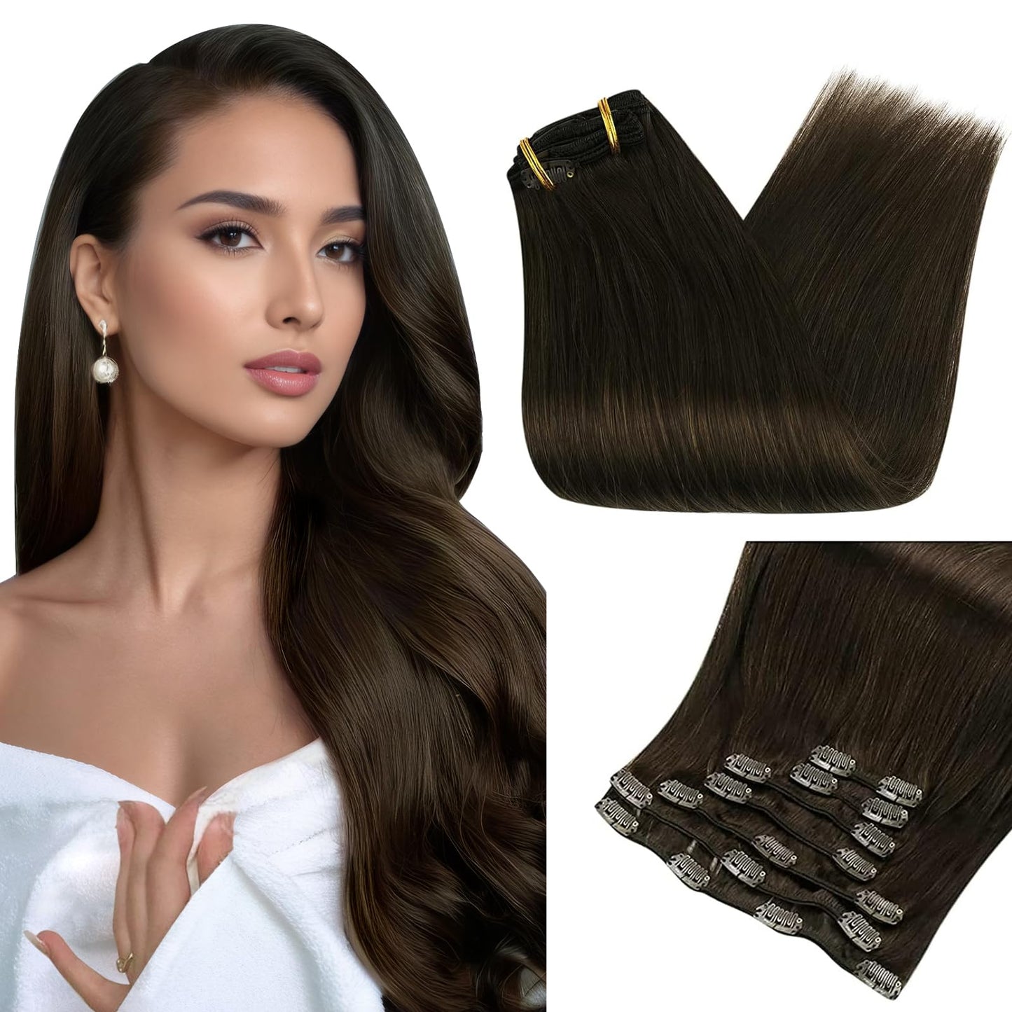 Full Shine Clip In Hair Extensions Dark Brown Real Hair Extensions Clip In Human Hair Darkest Brown Hair Extensions Clip In Brow