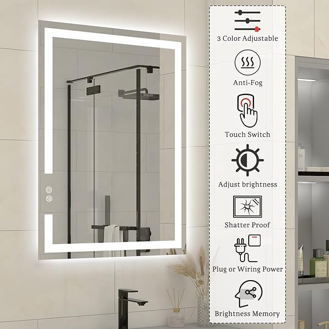 36 X 28 Inch LED Bathroom Vanity Mirror, 3 Colors Light Dimmable, Wall Mounted Memory Lighted Makeup Mirror with Anti-Fog Touch Switch (Front-lit&Backlit)