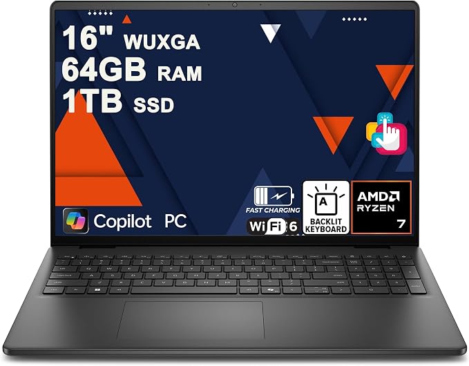 Dell 16 Laptop 16" WUXGA Touchscreen AMD 8-core Ryzen 7 250 64GB RAM 1TB SSD Backlit ExpressCharge Wi-Fi6 for Creator Designer Business Professional Work Win11