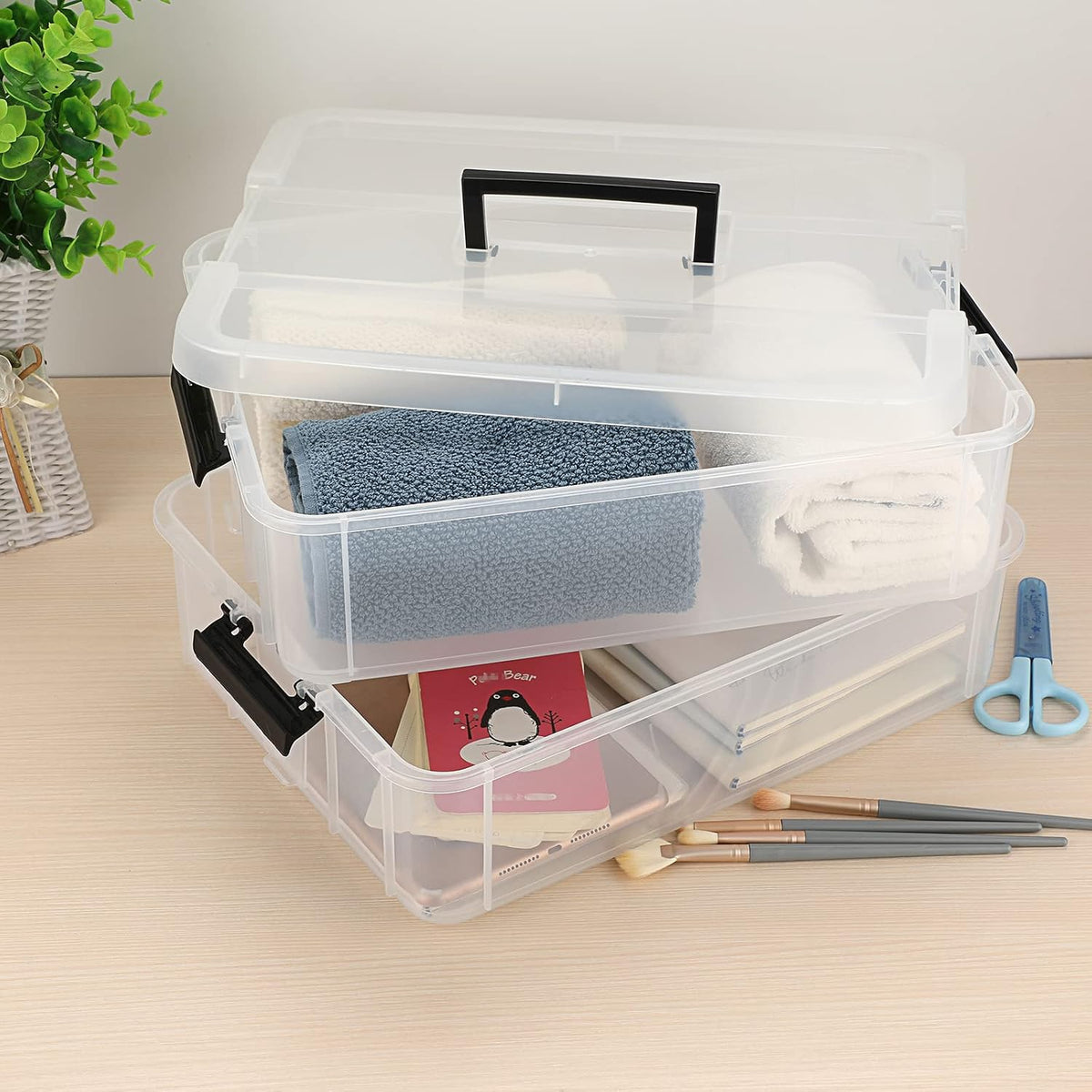 BTSKY 2 Layer Stack & Carry Box, Plastic Multipurpose Portable Storage Container Box Handled Organizer Storage Box for Organizing Stationery, Sewing, Art Craft, Jewelry and Beauty Supplies Black