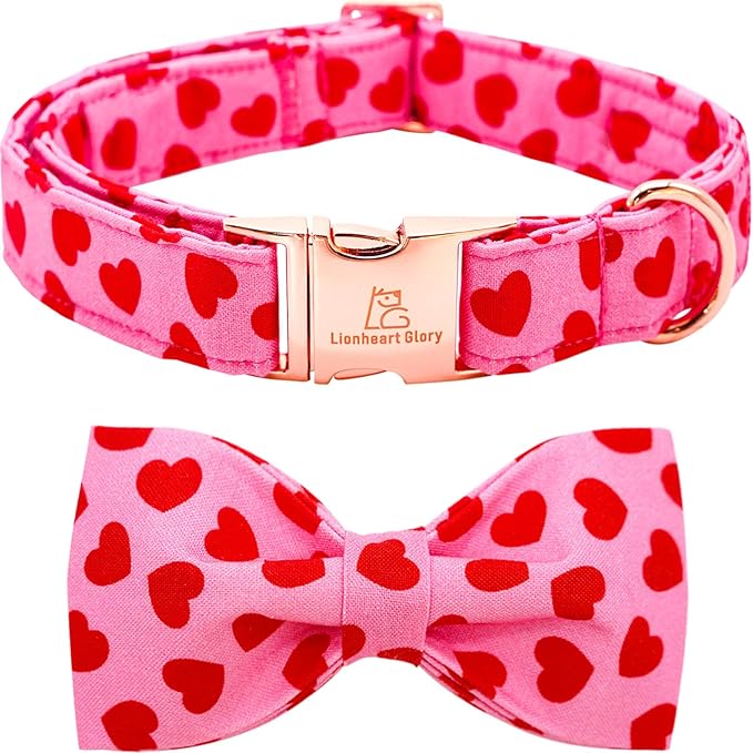 Lionheart glory Dog Bow Collar Valentine's Day Dog Collar for Small Dogs, Hearts Dog Collars with Bowtie Spring Dog Collar Pet Collar Bows