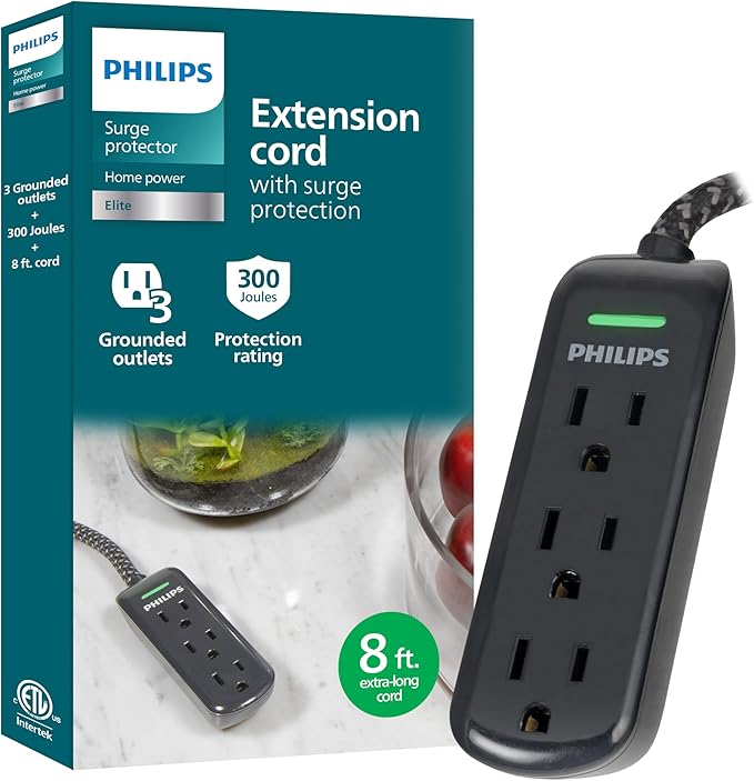 Philips 3-Outlet Grounded Extension Cord Long Extension Cord, Flat Plug Surge Protector Power Strip, 300 Joules, UL Listed, Black, SPC3434BB/37