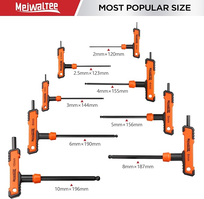 Meiwaltee 8 PCS Metric Extra Long Arm T Handle Allen Wrench Set, 2-10 mm, Ball Head, Standard Long Tee Handle Allen Hex Key Set, Heavy Duty Excellent Heat-treated CR-V Steel.
