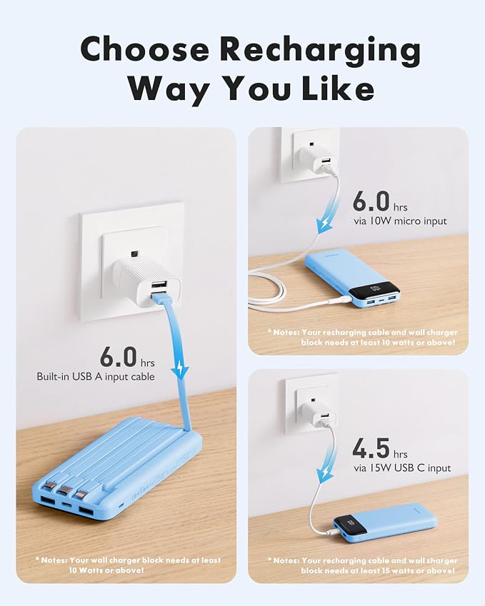 Charmast Portable Charger with Built in Cables, Power Bank with Cords Wires, Slim 10000mAh Travel Battery Pack 6 Outputs 3 Inputs 3A Fast Charging for Samsung Google Pixel LG Moto iPhone iPad