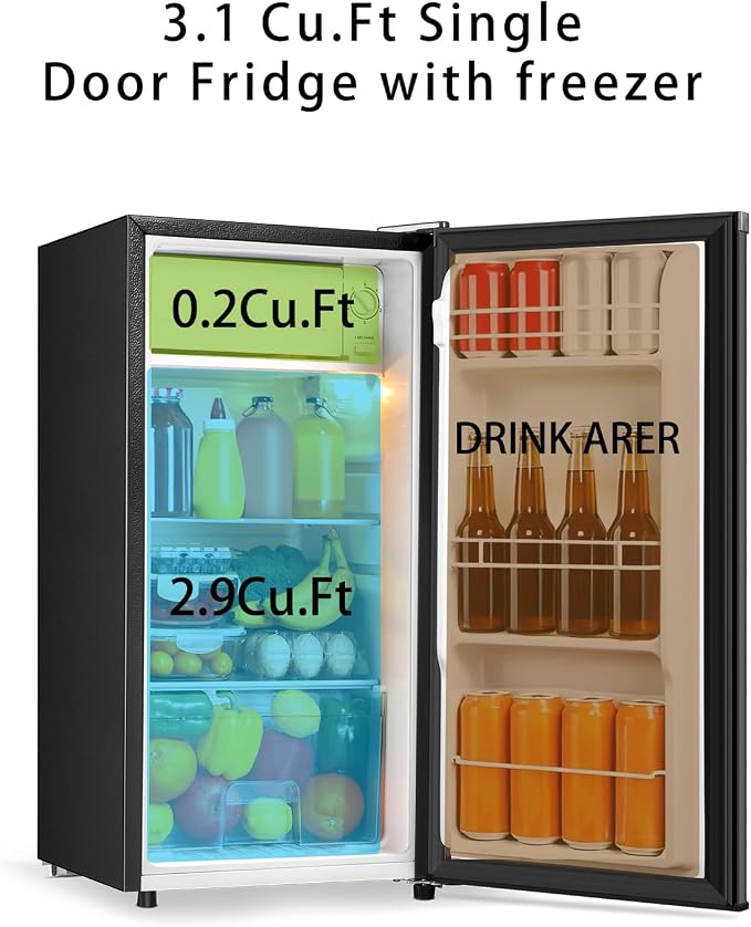 Seaoola Mini Fridge with Freezer, Single Door 3.1 Cu.Ft, Compact Mini Refrigerator, LED Light, Adjustable Thermostat, Removable Glass Shelves, Small Refrigerator for Dorm/Office/Bedroom(Black) (Black)