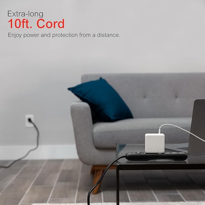GE 6-Outlet Surge Protector,10 Ft Extension Cord,Power Strip,600 Joules,Twist-to-Close Safety Covers,Protected Indicator Light,ETL Listed,Black,37442,(Pack of 12)