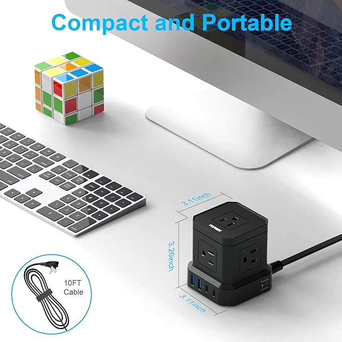 TOPREK Power Strip Surge Protector (700J), 10 FT Flat Extension Cord with 5 Outlets, 2 USB-C & 2 USB-A, Power Strip with USB for Home, Office, Dorm, Hotel, Travel, Compact Desk Charging Station