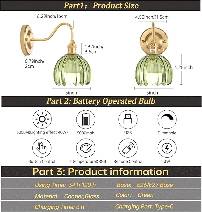 Vintage Battery Operated Wall Sconce Set of 2, 5000mAh Rechargeable Wall Light, Indoor Battery Powered Wall Lamp for Bedside Bedroom Living Room, Tulip Green