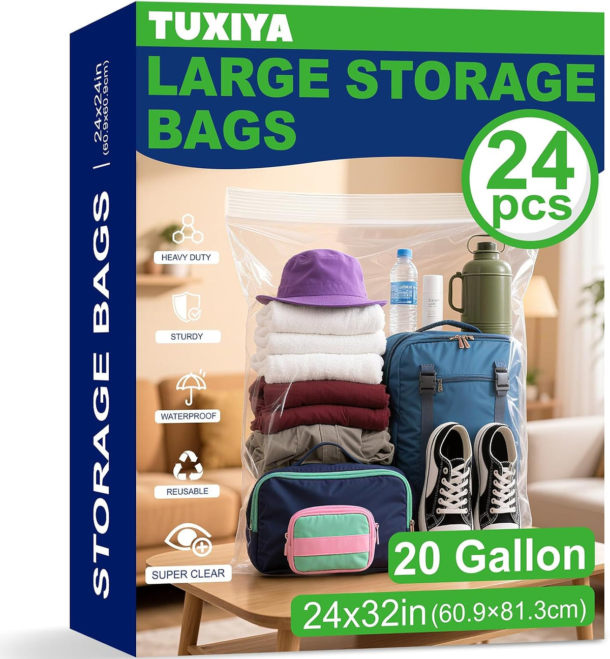 TUXIYA 24PACK 20 Gallon Extra Large Zipper Plastic Bags for Storage 24"x32"