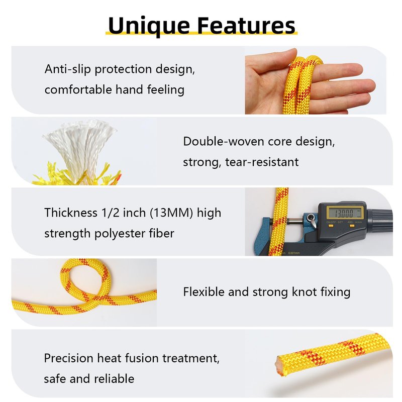 XINSHUNCAN Arborist Rope, 1/2 Inch x 50 Feet Double Braided Climbing Rope Polyester for Outdoor, Climbing, Hiking, Swing, Tree Work, Halyard, Sailing（Yellow）