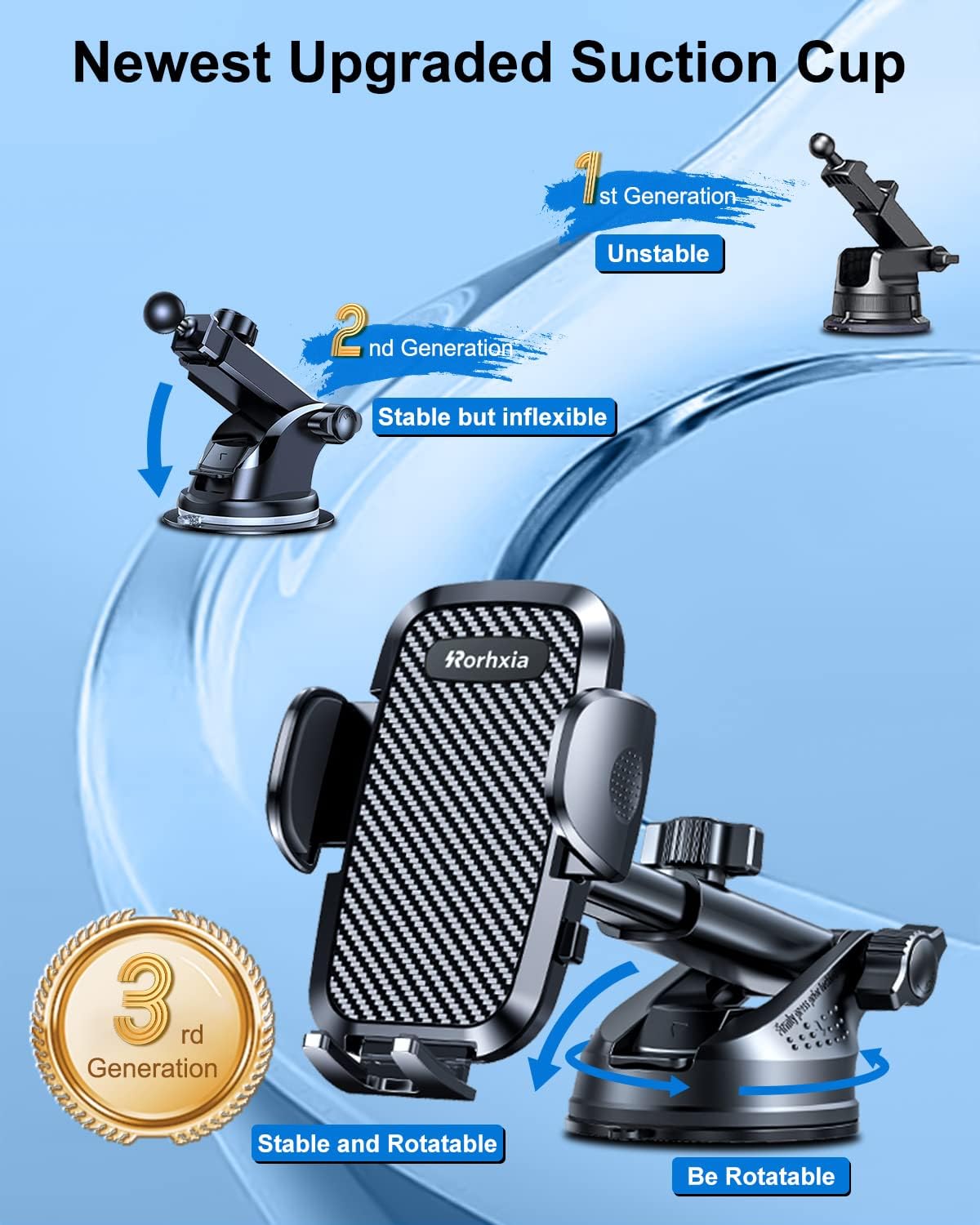 Rorhxia 3-in-1 Phone Mount for Car [2025 Most Stable and Flexible Suction Cup] Vent Dashboard Windshield Cell Phone Holder Car Fit for iPhone, Samsung, All Phone