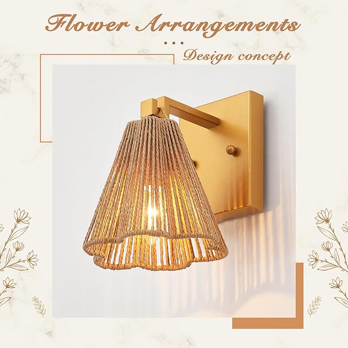 Set of 2 Wall Sconces Boho Hand Woven Rattan Wall Lights Brass Wall Lamp with Flower Wicker Shade for Bedside Hallway Vanity Stairway Fireplace Living Room, UL Listed