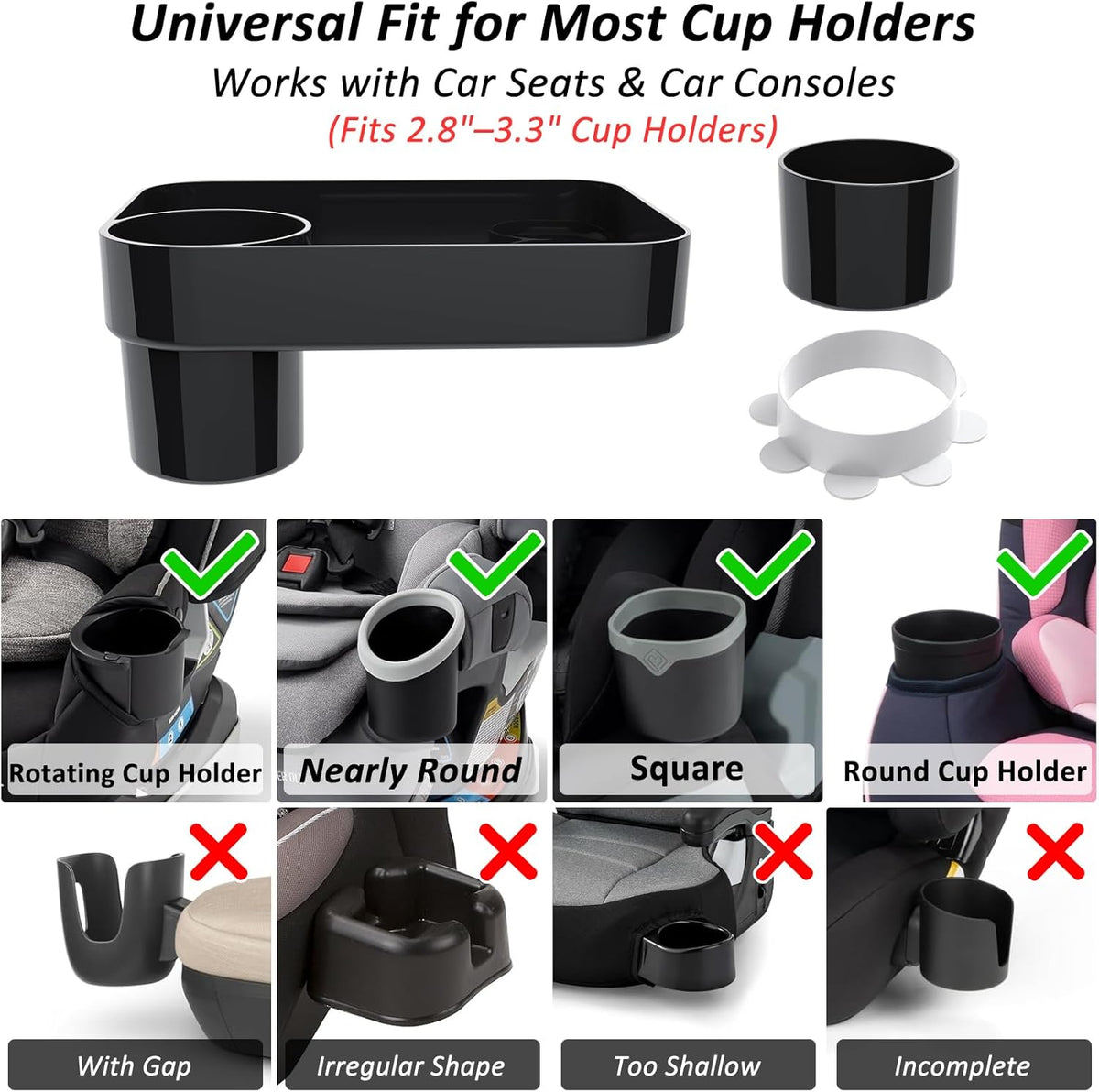 Car Seat Snack Tray for Toddlers, Reduces Mess Square Travel Tray Cup Holder Snack Tray, Durable Car Food Tray for Kids, Universal Fit Kids Travel Road Trip Essentials (Black)