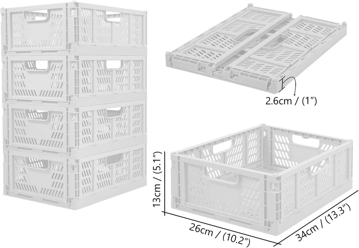 4-Pack Folding Storage Boxes Crate Collapsible Plastic Drawer Organizer , Stackable Shelf Storage Basket Food Fruit Vegetables Bottles Toy Organiser Baskets for Home Office Bedroom Kitchen -White