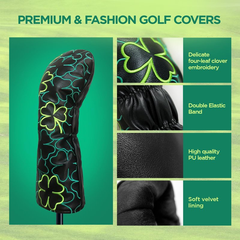 WTLJQQY Golf Club Head Covers - 1pc or Set Premium Leather Covers with Green Lucky Clover Embroidery for Driver, Fairway Wood, and Hybrid Clubs Headcover (1pc Hybrid Headcover)