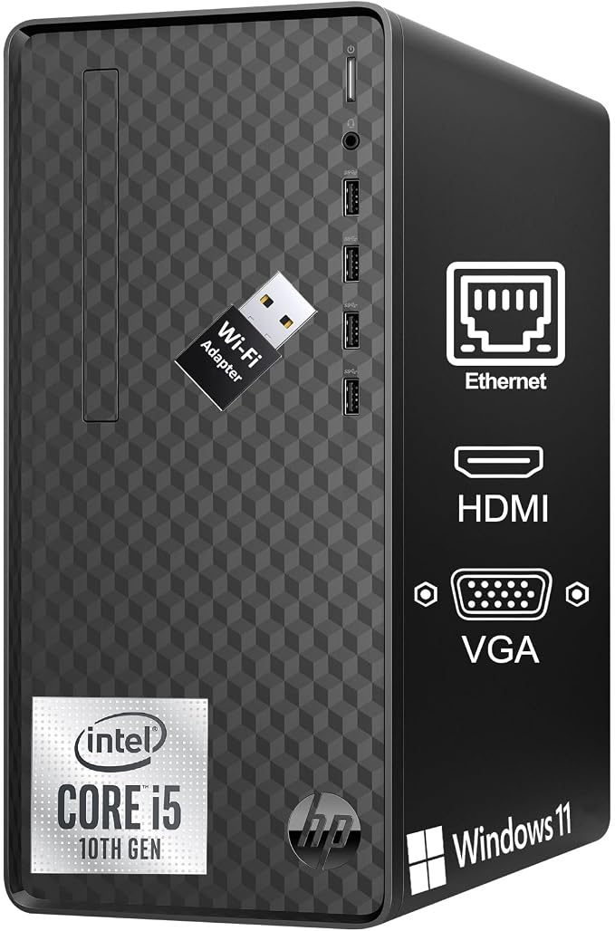 HP Desktop Computers Tower PC, Intel i5-10400 (16GB DDR4 RAM, 512GB SSD) | Compact & Silent Design, Idea for Home Daily use, Web Browsing, WiFi Adapter, Keyboard & Mouse Included, Windows 11 Home