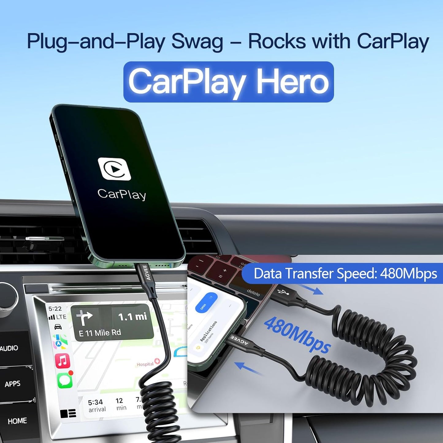 AGVEE 2 Pack 5ft Coiled Short USB to Lightning Charging Cable [MFI Certified] 3A Fast Charger Cord in Car for iPhone 14/13/12/11/XS/8/7/6/5 CarPlay, iPad, iPod, Black