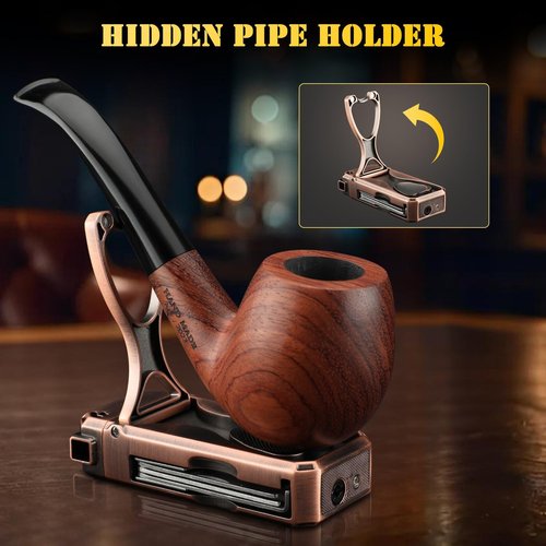 KEJIAR Pipe Lighter with Pipe Stand, 3 Collapsible Pipe Cleaning Tools, 4 in 1 Soft Flame Lighter, Refillable Butane, Men's Pipe Set Gift (Bronze Color)