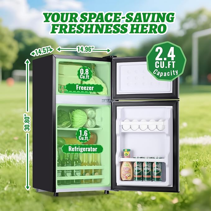 2.4 Cu.ft Mini Fridge with Top Freezer Apartment Size Dual Door Compact Refrigerator for Personal Use Small Fridge with Egg tray, 7 Temperature Control For Dorm, Silver