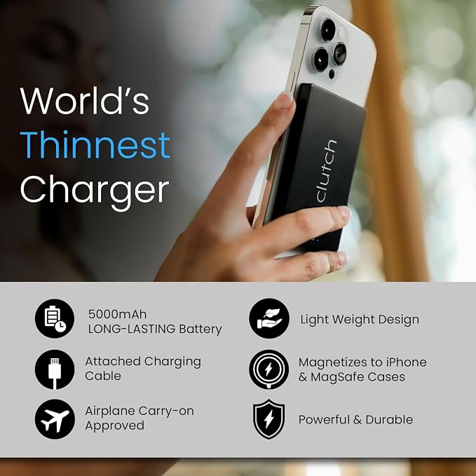 Clutch Pro – World's Thinnest iPhone Charger – Portable Power Bank 5000mAh – Magnetic Built-in Lightning Cable – TSA Approved Travel Charger – iPhone 14 & Earlier – Black