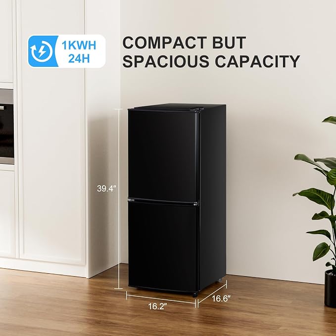 4.2 Cu Ft Mini Fridge for Bedroom, 2 Door Small Fridge, Small Refrigerator | 7 Level Thermostat, LED Light, for Bedroom, Office, Dorm - Black
