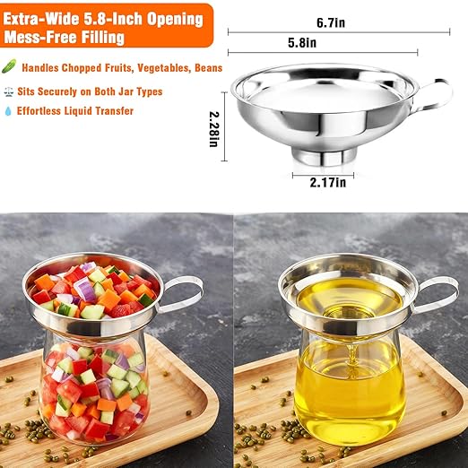 Wide Mouth Canning Funnel, Large Kitchen Funnel for Mason Jars, Canning, Filling Bottles with Oil & Liquid, Dishwasher Safe, Stainless Steel