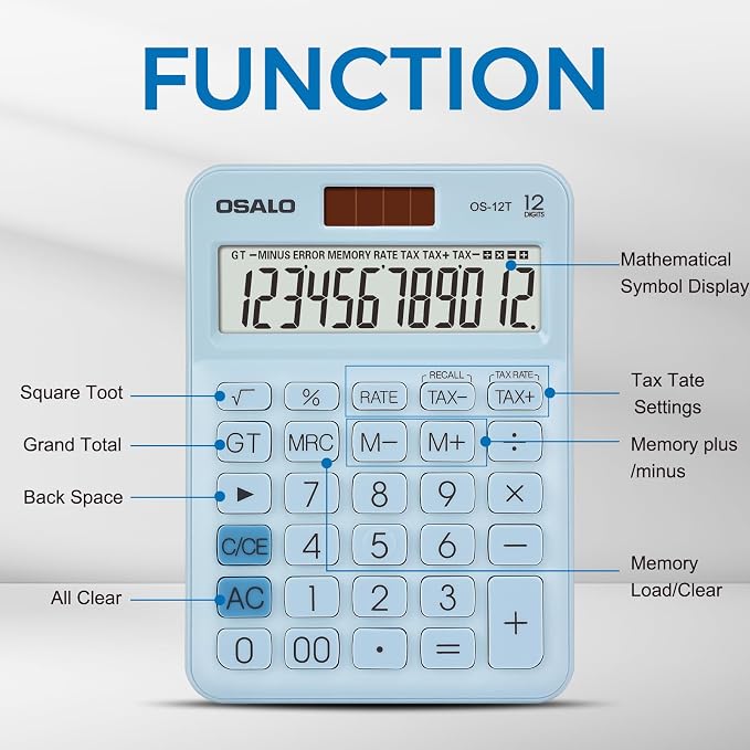 Pocket Small Size Desk Calculator, 12 Digit Large LCD Display, Basic Tax