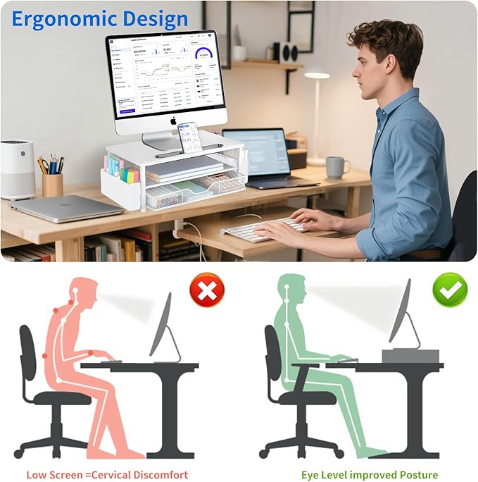 AUPSEN White Monitor Stand Riser, 2-Tier Wood Computer Desk Organizer