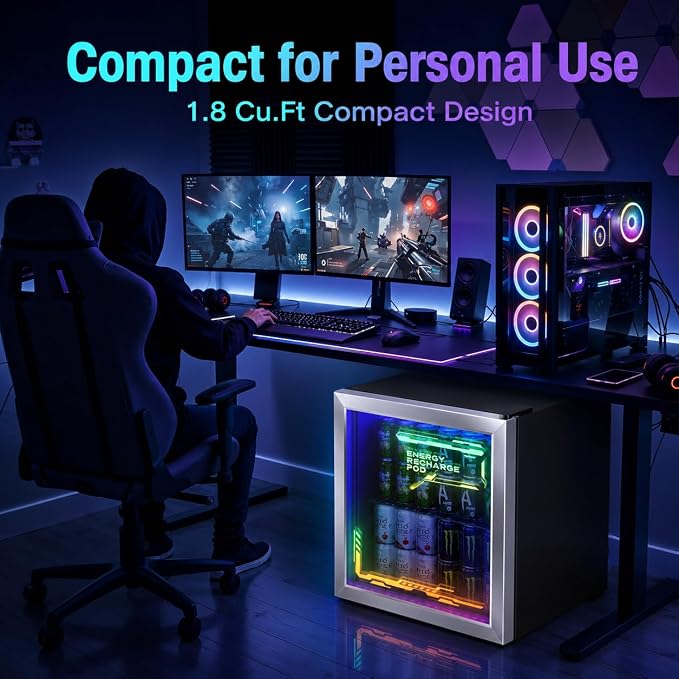 Tehanld Lighted Beverage Refrigerator, 68-Can Gaming Mini Fridge | RGB illuminated glass door, 1.8 cu.ft, 35-65°F digital control, quiet drink cooler for bedroom, game room, home bar
