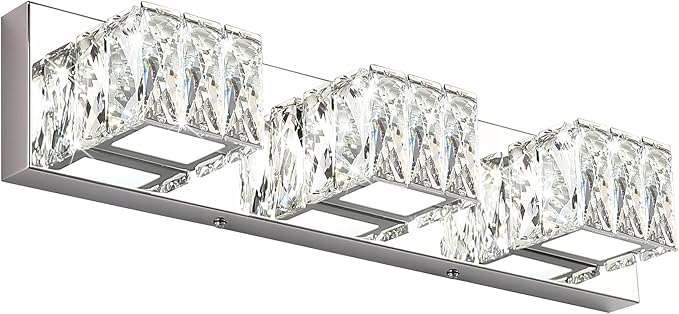 ZUZITO Modern Bathroom Vanity Lights - Crystal 3 Light Vanity Lighting Fixtures - Chrome Bathroom LED Light Fixture Over Mirror 6000K Cool White Light
