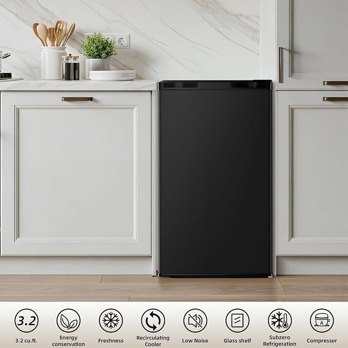 Antarctic Star 3.2 Cu.Ft.Compact Refrigerator with Freezer, Mini Fridge Single Door with Adjustable Thermostat,Removable Glass Shelves for Apartment,Dorm,Office,Kitchen，BLACK