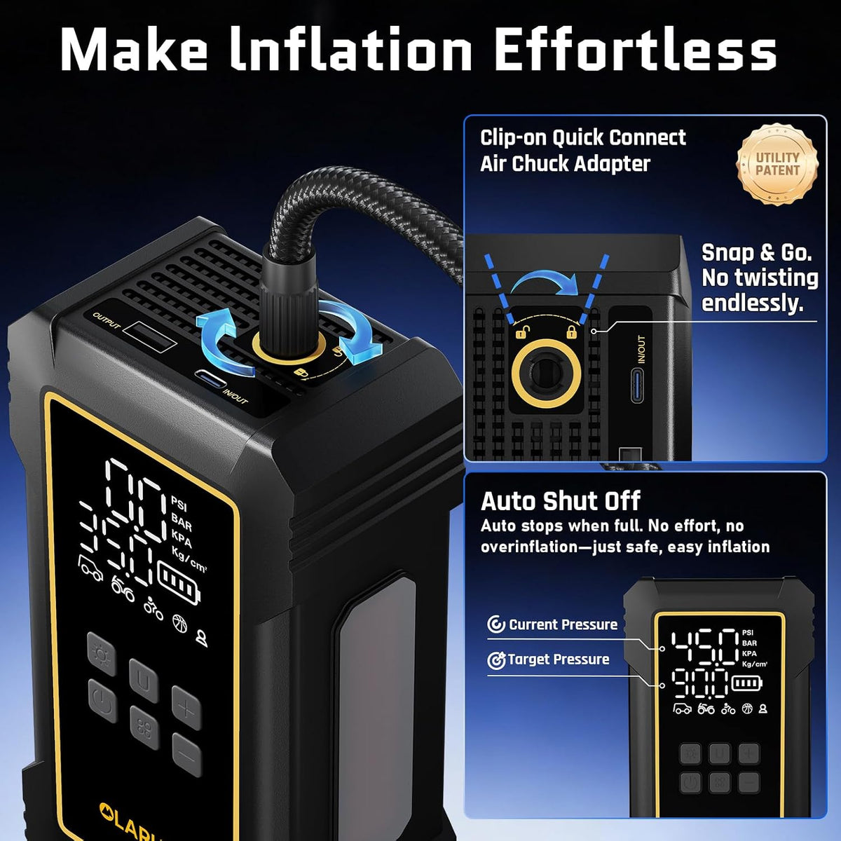 OlarHike Powerful 12000mAh Heavy Duty Tire Inflator Portable Air Compressor, 7X Faster, 150PSI Dual Power 12V&Cordless Air Pump for Car Tires, Pickup Trucks, Jeeps, SUVs & RVs. Digital Pressure Gauge