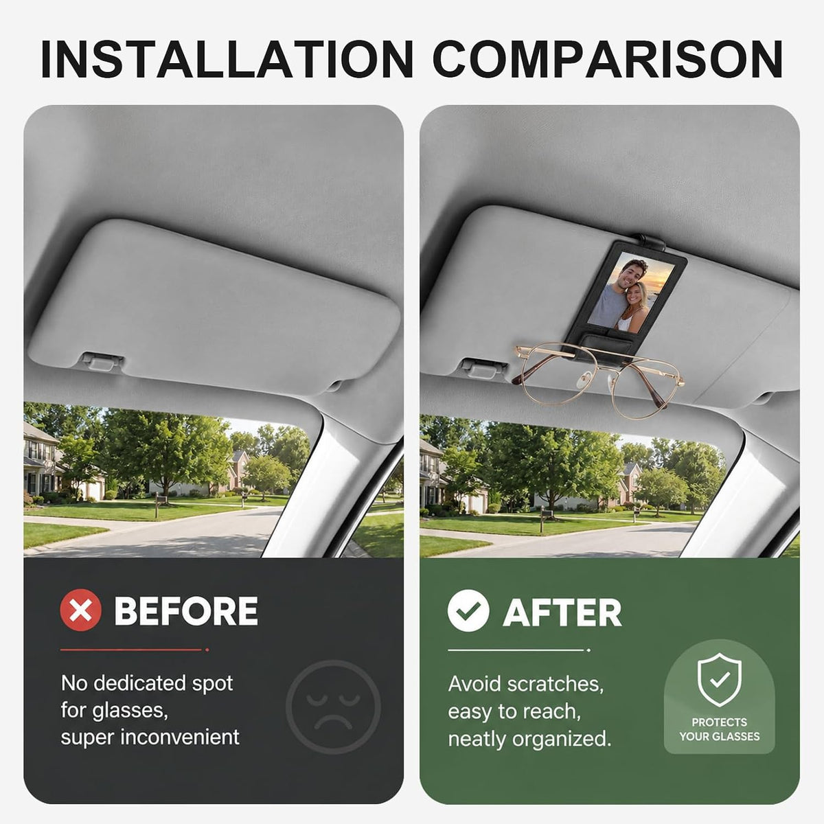 Sunglass Holder for Car Photo Holder 2 in 1 Leather Magnetic Sunglasses Holder for Tesla/Truck/Suv/RV/Car Visor Photo Holder & Sunglasses Clip Family Pet Photos 2026 Car Accessories Gift for Women Men